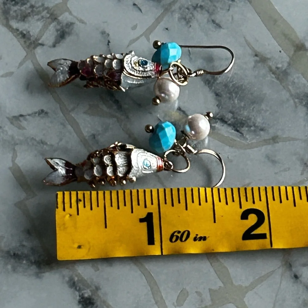Articulating 14K Gold Koi Fish Enamel Good Luck Dangle Earrings Blue White